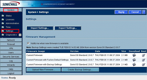 1. 登入 SonicWALL，選擇 System-> Settings